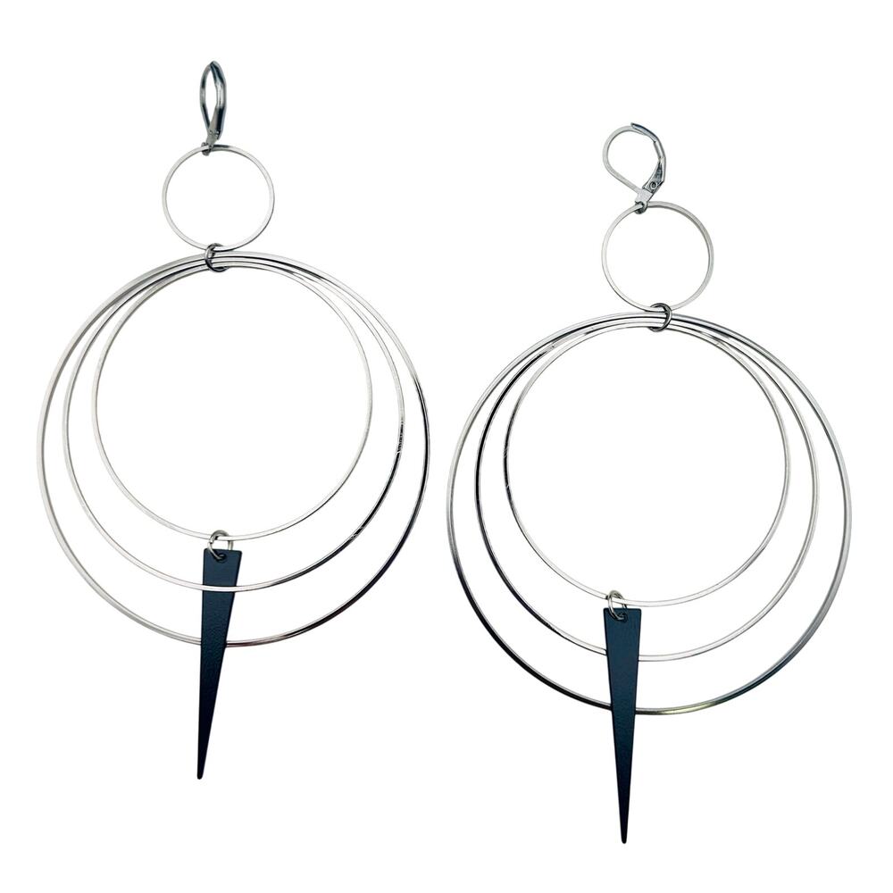 NEW Modern Geometric Silver Hoop Earrings Triple Circle Statement Dangle 4.5”
